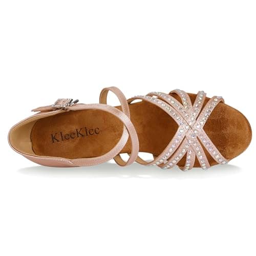 KleeKlcc Rhinestone Ballroom Dance Shoes Women Latin Salsa Dancing Shoes Practice Dance Heels ZB07, Nude-2.5 Inch Heel, 7 — view 2