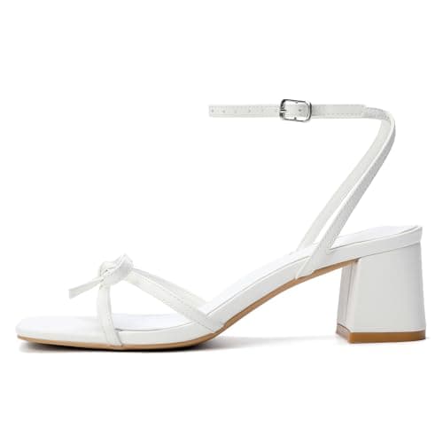 FUTJRNEY Women's Bow Strappy Heels Block Chunky Square Open Toe Low Heels Dress Sandals for Wedding Party(8,White) — view 2