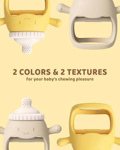 2 Packs Baby Teething Toy Silicone Teething Mitten for Babies Over 3 Months Anti Dropping Wrist Hand Teethers Baby Chew Toys for Sucking Needs, BPA Free (BabyBottle Yellow) — view 6