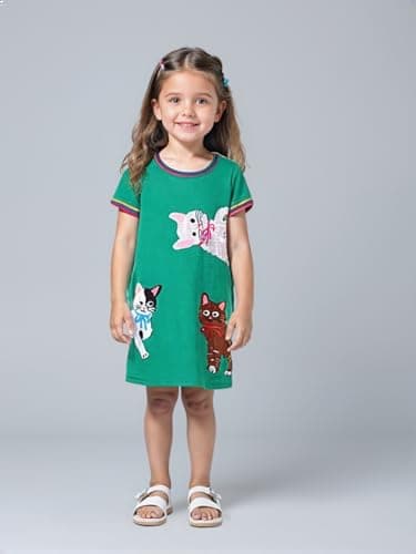 Winzik Toddler Summer Dress, Little Girls Short Sleeve Cotton Casual Dresses Cat Clothes 2-8 Years (3-4T, Cat Green)