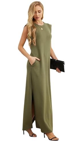 GRECERELLE Summer Petite Dresses for Women 5 ft Loose Split Casual Maxi with Pockets (Army Green, XX-Small) — view 3