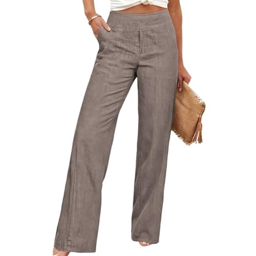 Womens Linen Pants Wide Leg Yoga Pants Women Casual Cotton Linen Palazzo Pant Lounge Beach Vacation Summer Straight Leg Trousers with Pockets Bronze L