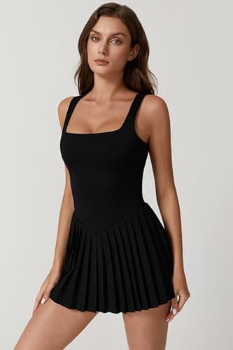 QINSEN Pleated Workout Dress with Built in Shorts Square Neck Sleeveless No Bra Summer Athletic Dress Black L — view 4
