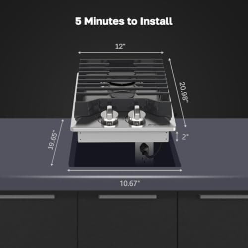 12 Inch Gas Cooktop, ThermoMate Heavy Built In Gas Rangetop with 2 High Efficiency SABAF Burners, NG/LPG Convertible 304 Stainless Steel Stove Top with Flame Out Protection, CSA Certified — view 6