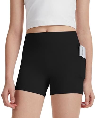 DOCUMO Girls Athletic Shorts with Pockets, Kids High Waisted Dance Yoga Short Running Volleyball Gymnastics Biker Shorts (Black,X-Small)