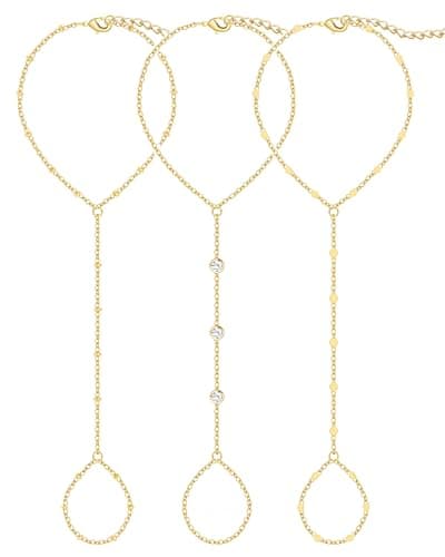 3PCS 14K Gold-Plated Hand Chain Bracelets for Women, Stack Bracelets Set Adjustable, Dainty Ring Bracelet Hand Chain