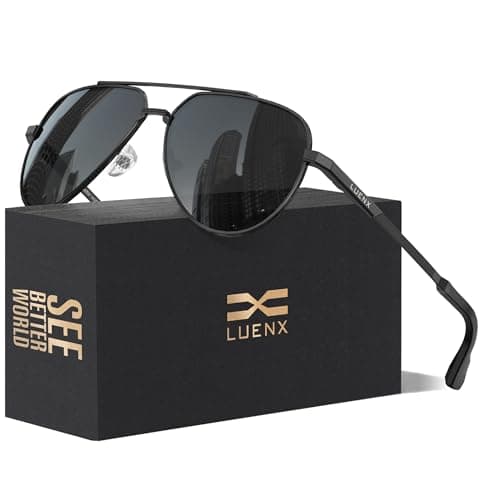 LUENX Aviator Sunglasses for Men Women Polarized | UV400 & Anti-Glare Driving, Black Lens Black Frame 60MM