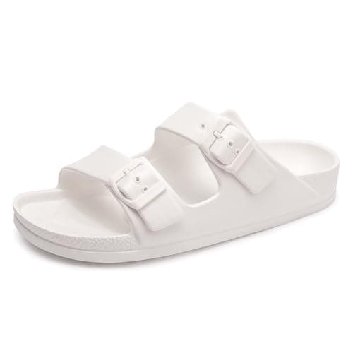 FUNKYMONKEY Women's Comfort Slides with Arch Support, Non-Slip Lightweight Foam Slip-on Flat Beach Sandals with Adjustable Buckle for Vacation & Everyday Wear(8 M US-Women, White)