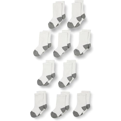 Amazon Essentials Kids Boys Cotton Crew Socks, 10-Pack White/Grey, Medium (4-8 Years)