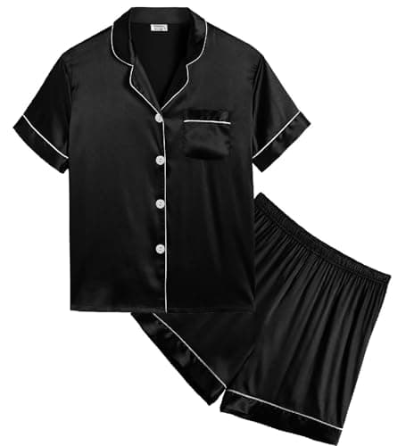 SWOMOG Silk Satin Pajamas Set Short Sleeve Button-Down PJs Two-Piece Lounge Sets Sleepwear