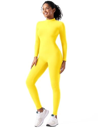 speerise Women Bodysuit Rompers Long Sleeve Jumpsuits Leotards One Piece Tummy Control Yoga Workout Outfits, Yellow, Medium