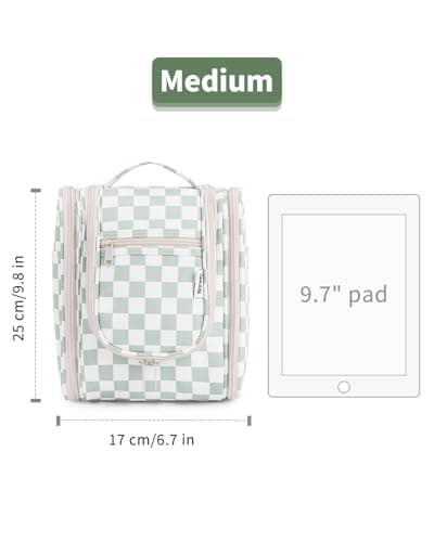Narwey Small Hanging Toiletry Bag Women Travel Toiletries Makeup Bag Cosmetic Make up Bags for Travel Size Essentials Accessories (Medium,Mint Green Checkerboard) — view 6