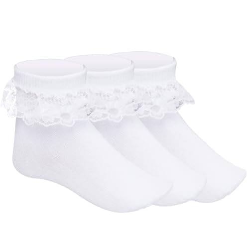 Pistha 3 Pairs Girls Ruffle Socks White Ruffled Lace Socks for Girls Toddler Frilly Dress(Aged 8-10 years)