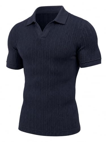 Askdeer Men's Polo Shirts Casual Short Sleeve Stretchy Ribbed Textured Old Money Vacation Beach Golf T Shirts Navy Blue Large — view 3