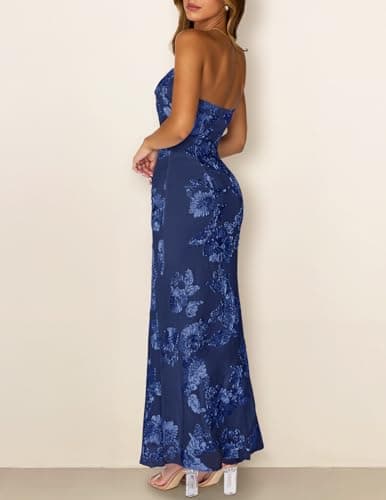 MEROKEETY Women's Floral Strapless Maxi Dress 2026 Summer Mesh Tube Bodycon Formal Wedding Guest Cocktail Party Long Dresses, Navy, Small — view 3