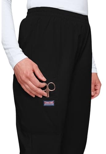 Cherokee Scrubs for Women Cargo Pant Natural Rise Tapered Pull-On Bottom with 4 Pockets , Fade Resistant Fabric - 4200P, M Petite, Black — view 3