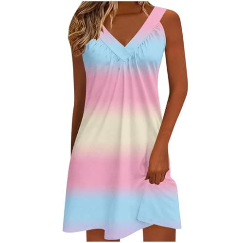 Womens Summer Tank Dress Casual V Neck Sleeveless Sundress Gradient Cover Up Pleated A Line Beach Vacation Dresses Pink