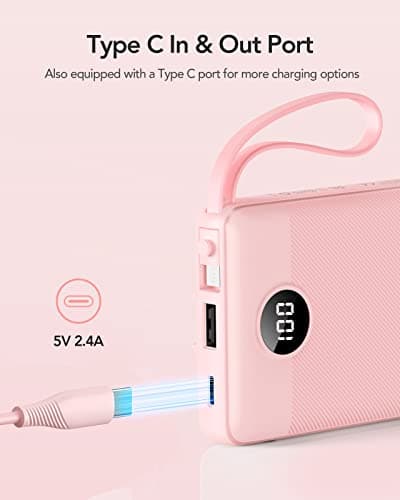 VRURC Portable Charger 10000mAh, Battery Pack with LED Display,Slim Power Bank Built-in USB C Cables Phone Charger Compatible with iPhone17/16/15 & Early Series,Samsung,Android etc-Pink — view 3