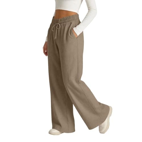 Rseomihvy Women's Cotton Linen Pants Summer Straight Wide Leg Trousers Drawstring Elastic Waist Loose Beach Vacation Outfits Khaki — view 5