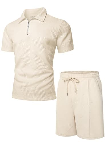 UOUA Men's 2 Piece Summer Polo & Shorts Set Quarter Zip Track Suit for Golf Lounging Casual Outfits Beige M — view 5