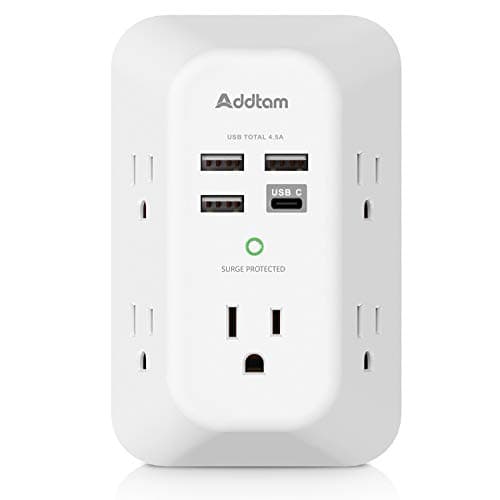 Addtam 5-Outlet Extender Surge Protector, Multi Plug Wall Outlet with 4 USB Wall Charger(1 USB C Ports), Outlet Splitter for Home Office Dorm Room Essentials, Plug Extension Outlet 1800J, 2 Pack