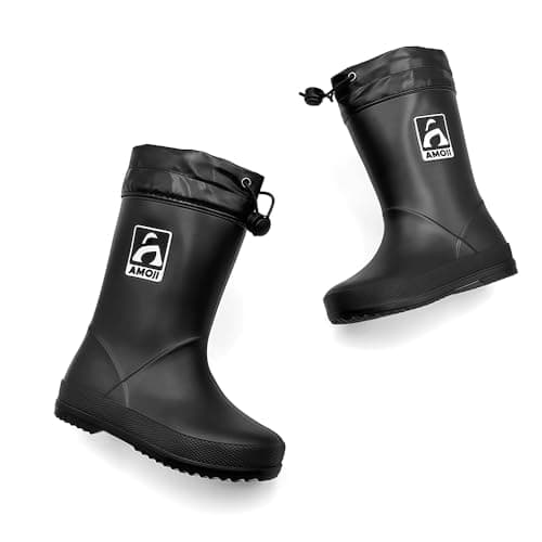 AMOJI Boy Girl Rain Boots Toddler Kid Rubber Boot Children Anti Slip Rain Shoes Child Waterproof Garden Boots with Drawstring Cuff JT6517 Black Size 5-5.5 Big Kid — view 6