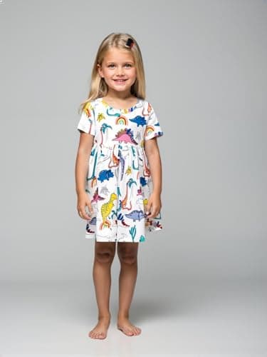 Winzik Toddler Summer Dress, Little Girls Short Sleeve Cotton Casual Dresses Dinosaur Clothes 2-8 Years (3-4T, Colorful Dinosaur) — view 2