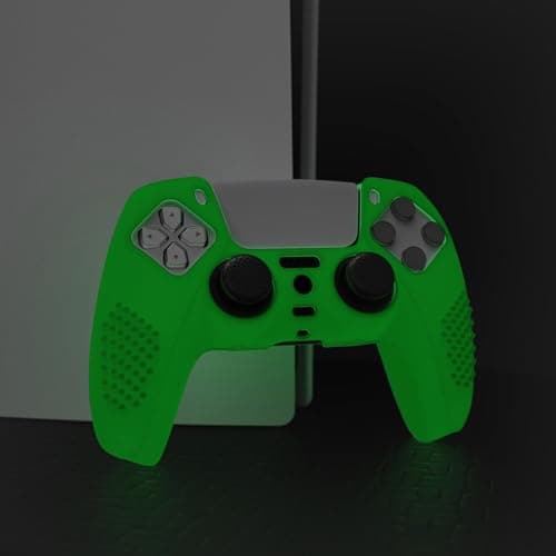 eXtremeRate PlayVital Glow in Dark - Green 3D Studded Edition Anti-Slip Silicone Cover Skin for ps5 Controller, Soft Rubber Case Protector for ps5 Wireless Controller with 6 Black Thumb Grip Caps — view 2