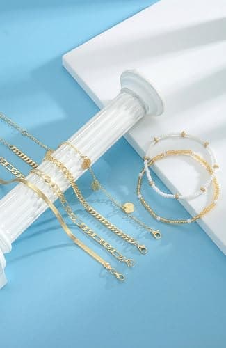 FAXHION Gold Ankle Bracelets for Women Waterproof, layered Coin Bead Cuban Link Chain Adjustable Anklets Set, Summer Boho Anklet Beach Jewelry Gift for Women — view 6