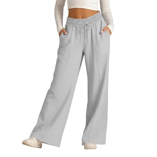 Rseomihvy Women's Cotton Linen Pants Summer Straight Wide Leg Trousers Drawstring Elastic Waist Loose Beach Vacation Outfits Gray — view 6