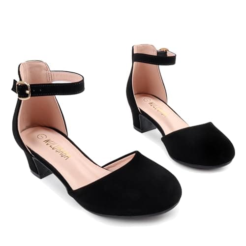 Wulubaba Girls Dress Shoes Closed Toe, High Chunky Kids Heels for Girls, Ankle Strap Wedding Party Pump Flower Girl Shoes, Nubuck Black Size 3
