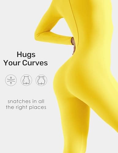 speerise Women Bodysuit Rompers Long Sleeve Jumpsuits Leotards One Piece Tummy Control Yoga Workout Outfits, Yellow, Medium — view 4
