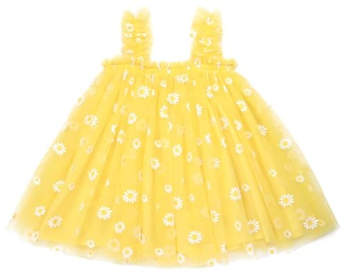 AGQT Baby Girls Daisy Tutu Dress Sleeveless Kids Tulle Birthday Party Dresses Casual Playwear Tunic Babydoll Dress Yellow Daisy-Lace Size 12-18 Months