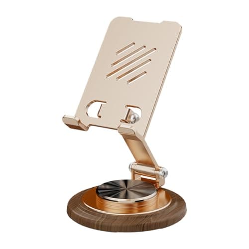 Dual Folding Phone Desk Stand, Adjustable Cell Phone Stand Accessories, 360°Rotating Phone Holder for Desk, with Wooden Disc Base, for iPhone 17 16 15 Pro Max and All Smart Phones，Gold/Black (Random)