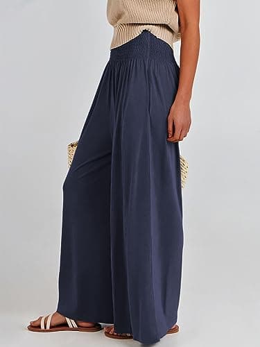 ANRABESS Women Palazzo Pants Summer Boho Bagyy Wide Leg High Smocked Waist Casual Loose Lounge Pant with Pocket Deep Blue Medium