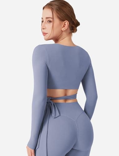 YEOREO Dagney Women‘s Long Sleeve Workout Wrap Top Self Tie V-Neck Dance Shirt for Pilates Yoga Ballet Active Blouses, Granite Blue, Small — view 3