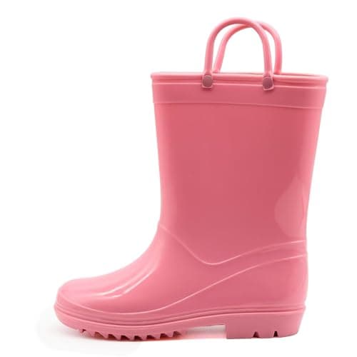EUXTERPA Girls Waterproof Rain Boots Kids Toddler Solid Color Boots with Easy On Handles, Pink, Little Kid Size 12