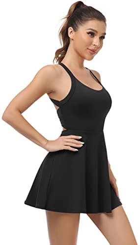 Womens Workout Tennis Dress with Built in Shorts and Bra Athletic Golf Activewear for Exercise, Black, Large — view 2