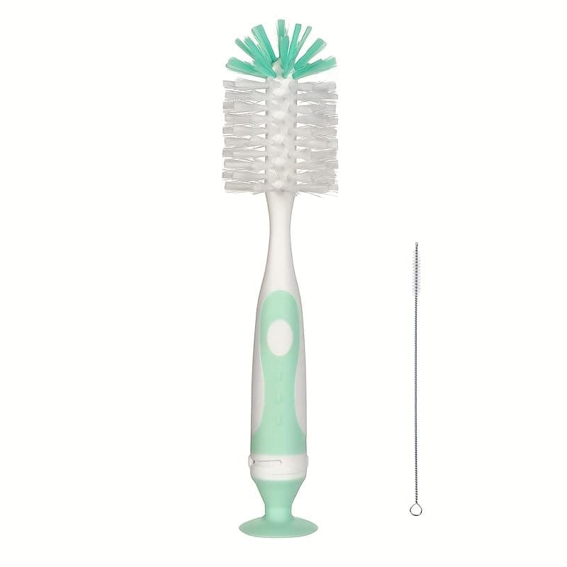 [2-in-1 Bottle Brush Set] 2-in-1 Nylon Mother-Child Bottle Cup Cleaning Brush Set with Suction Stand & Straw Brush (Green)