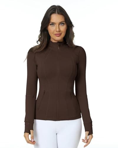 QUEENIEKE Workout Jackets for Women Full Zip Slim Fit Athletic Running Jacket with Thumb Holes (Roasted Brown, M) — view 3
