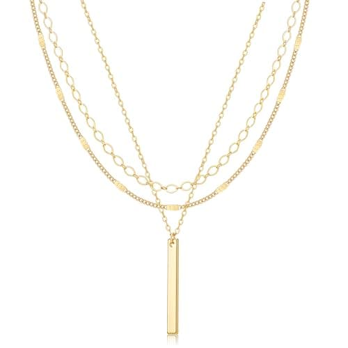 Remmocy Gold Necklace for Women Stackable 14K Gold Plated Layered Long Necklace Paperclip Flat Chain Bar Drop Cute Charm Accessories Non Tarnish Jewelry Set Gifts for Women — view 5