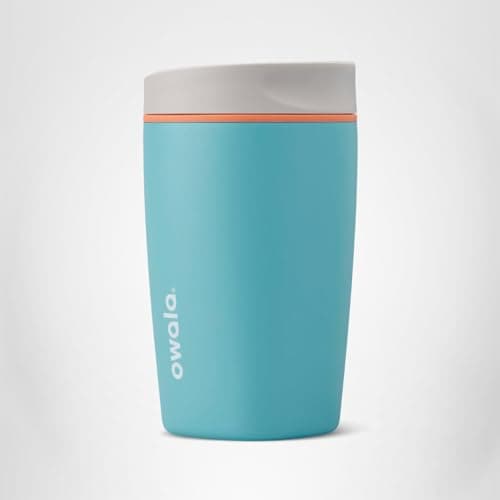 Owala SmoothSip Slider Insulated Stainless Steel Coffee Tumbler, Reusable Iced Coffee Cup, Hot Coffee Travel Mug, BPA Free 12 oz, Grey/Blue (Beachy Breeze) — view 5