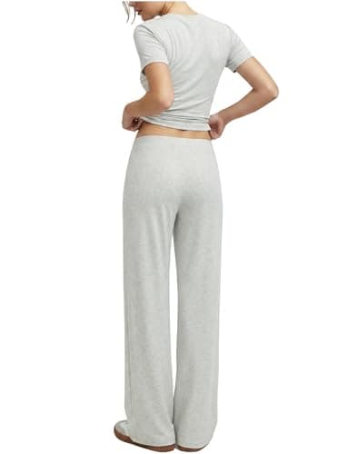 Flevita Womens Two Pcs Lounge Sets Short Sleeve Slim T-shirt and High Waisted Wide Leg Pants with Pockets Soft Pajama Set 29" Inseam Pants Grey M — view 2