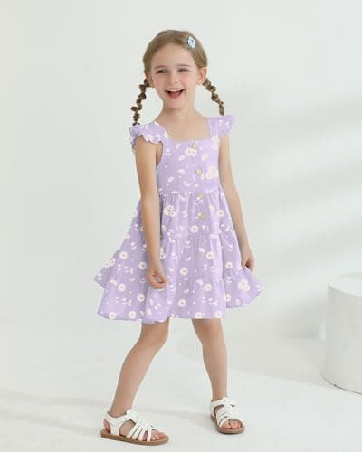 DeeFant Toddler Girl Dress Ruffle Sleeveless Little Girls Summer Outfits Kids Dresses Floral Sundress Beach Casual Purple 5-6T — view 2