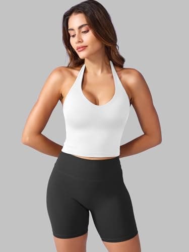 YEOREO Women's Halter Crop Top V Neck Workout Going Out Tank Top Hazel Padded Sleeveless Backless Trendy Summer Camisole White Small — view 5