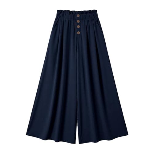 Palazzo Pants Women Summer Elastic High Waisted Wide Leg Flowy Pants for Beach Vacation Comfy Trousers with Pockets Navy — view 2