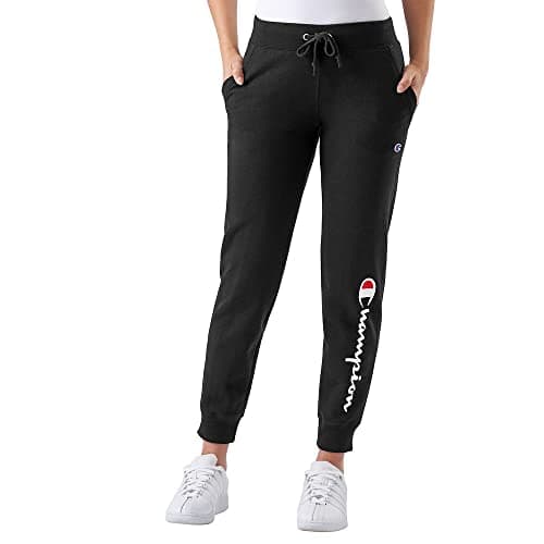 Champion Women's Joggers, Powerblend, Fleece Joggers, Comfortable Pants for Women, 29" (Plus, Black Script, Medium