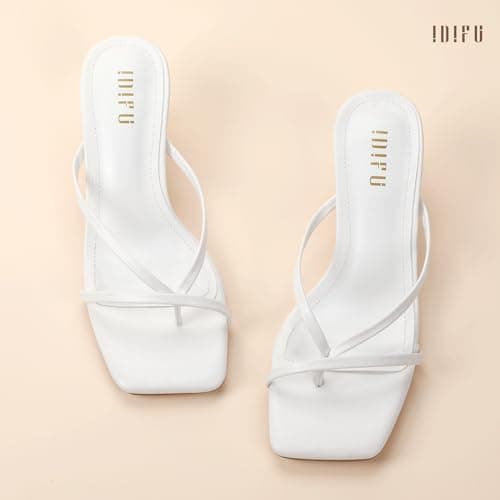 IDIFU White Kitten Heels for Women Flip Flop Strappy Square Open Toe Low Heeled Sandals Wedding Bride Prom Graduation Party Slide Dress Shoes Cute Trendy Casual Thong Slip On Heels(White Pu, 7.5) — view 4