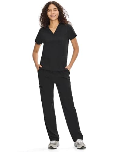 Scrubs for Women Set Medical Uniform - V-Neck Top & Straight Leg Pants with 9 Pockets, Wrinkle-Resistant Unisex Workwear, Black, M