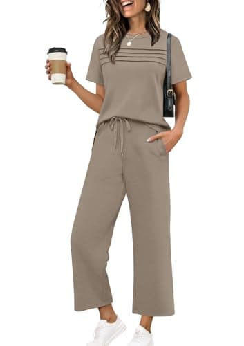 2 Piece Set for Women Summer Outfits 2026 Cruise Vacation Spring Fashion Lounge Sets Short Sleeve Matching Sets Women's Clothing Workout Wide Leg Crop Pants Travel Airport Sweat Set Easter Outfit S
